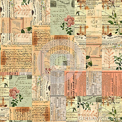 Vintage paper ephemera, text and flowers collage Stock Photo