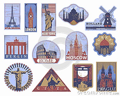 Vintage paper landmarks travel labels. Stickers of travel: Paris Vector Illustration