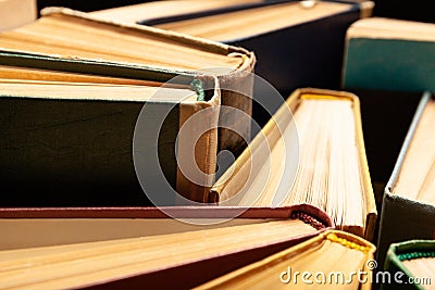 Vintage paper library books for reading, education and literature. Knowledge is power Stock Photo