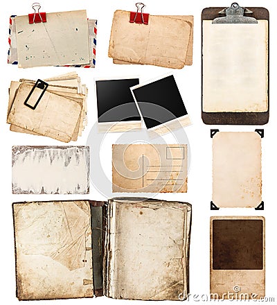 Vintage papers, postcards, frames, clipboard Stock Photo