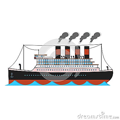 Vintage passenger ocean steamship in cartoon style on white background Vector Illustration