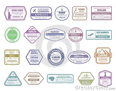 Vintage passport stamp. Airport cachet mark, passport visa international arrived stamps. USA, UK, France, Italy, Japan Vector Illustration