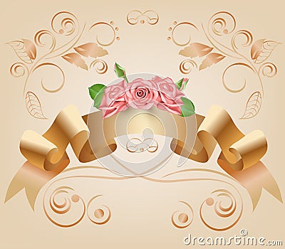 Vintage, pastel, decorative ribbon with flowers, pink roses.Vector. Parchment and papyrus scroll on the ornamental Vector Illustration
