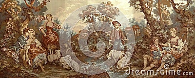 Vintage pastoral tapestry with courting scene Stock Photo