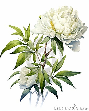 Vintage peonies botanical illustrations with delicate details on solid white background Cartoon Illustration