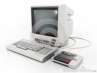 Vintage personal computer with cassette reader. 3D illustration Cartoon Illustration