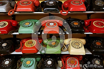 Vintage phone arrange on the shelve Stock Photo