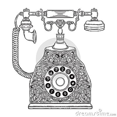 Vintage phone with floral ornament. Vector Illustration