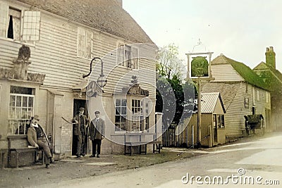 Vintage 1901 Photo of Crown Hotel and Patrons, Brenchley, Kent, UK Editorial Stock Photo