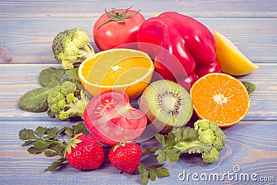 Vintage photo, Fruits and vegetables as sources vitamin C, dietary fiber and minerals, strengthening immunity and healthy eating Stock Photo