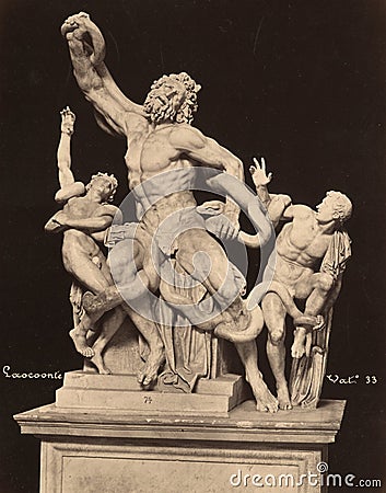 Vintage Photo Laocoon sculpture in Vatican museum, Laocoon and his sons 1860 Editorial Stock Photo