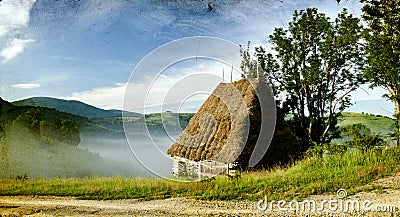 Vintage photo of old house in the mountains in the sunrise Stock Photo