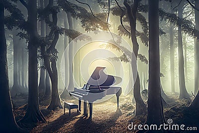 Vintage piano in fantasy forest, generative ai illustration Cartoon Illustration