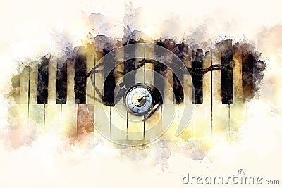 Vintage piano keys with antique pocket watch with a chain, time concept. Softly blurred watercolor background. Stock Photo