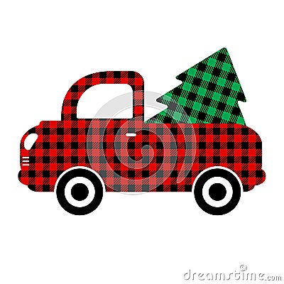 Vintage pickup, truck with Christmas tree. Vector illustration. Vector Illustration