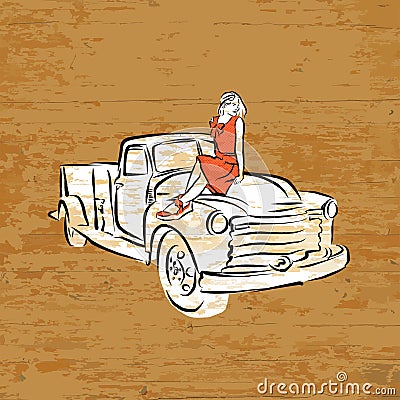 Vintage pickup truck on wooden background Vector Illustration