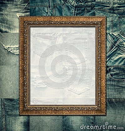 Vintage picture frame on collage jeans Stock Photo