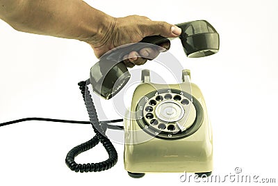 Vintage picture style of new smart phone with old telephone on white background. New communication technology Stock Photo