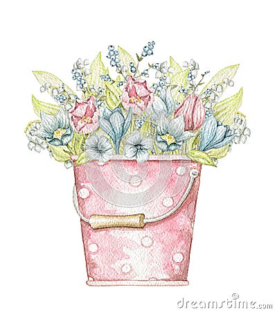 Watercolor rose bucket with bouquet with vintage spring flowers Cartoon Illustration