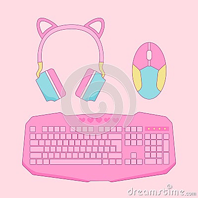 Vintage pink computer game equipment - mouse, keyboard and headphones vector Cartoon Illustration