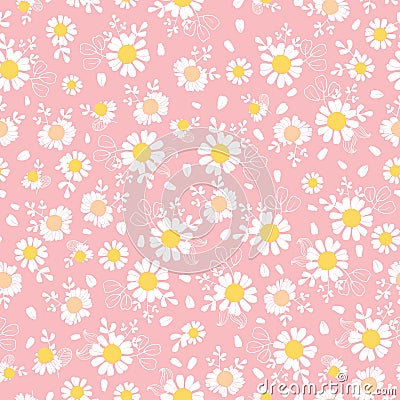 Vintage pink daisies ditsy seamless pattern Vector Illustration