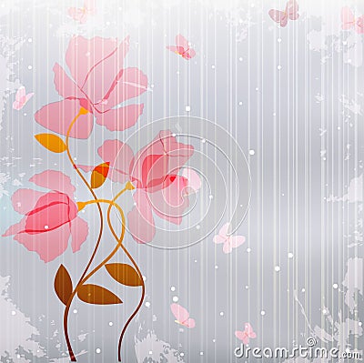 Vintage pink flowers with butterfly Vector Illustration
