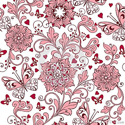 Vintage pink seamless pattern with hearts and butterflies. Elegant backdrop for fabric, textile, wrapping paper, card Vector Illustration