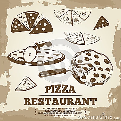 Vintage pizza elements for cafe, restaurant, bar or delivery Vector Illustration