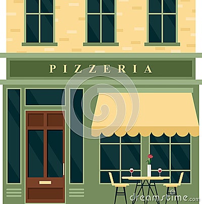 Vintage pizzeria cafe restaurant house building facade vector illustration. Cartoon European city street with building Vector Illustration