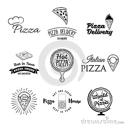 Vintage pizzeria labels, badges and design elements. Vector illustration. Vector Illustration