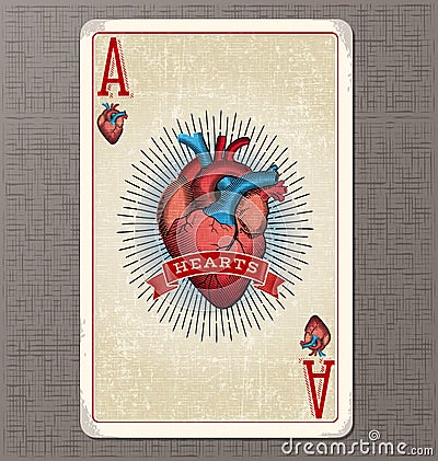 Vintage playing card vector illustration of the ace of hearts Vector Illustration