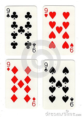 Vintage playing cards showing four nines. Stock Photo