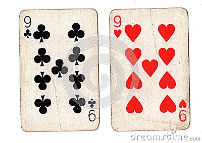 Vintage playing cards showing a pair of nines. Stock Photo