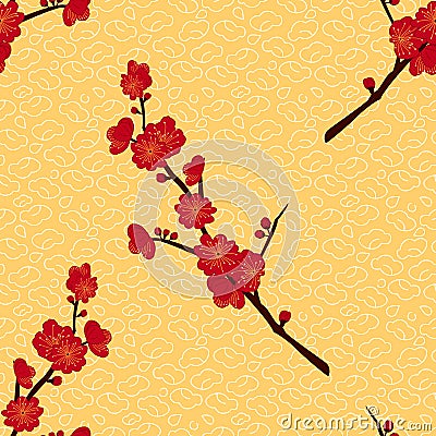 Vintage plum blossom, prunus mume seamless pattern background with Chinese clouds. A branch of plum blossoms. Vector Illustration