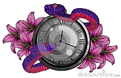 Vintage pocket watch with leaves and snake Vector Illustration