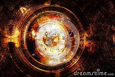 Vintage pocket watch and maja calendar in cosmic space. Graphic collage. Stock Photo