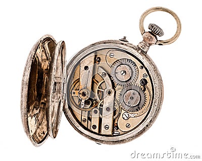 Vintage pocket watch with open rear lid. Stock Photo