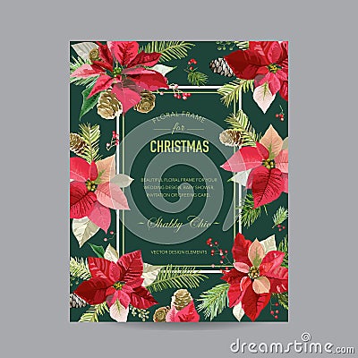 Vintage Poinsettia Christmas Card - Winter Background Vector Illustration