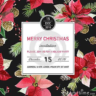 Vintage Poinsettia Christmas Invitation Card - Winter Background Vector Illustration