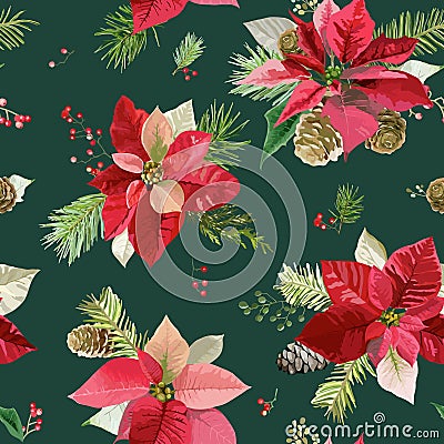 Vintage Poinsettia Flowers Background - Seamless Christmas Pattern Stock Photo