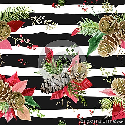 Vintage Poinsettia Flowers Background - Seamless Christmas Pattern Vector Illustration