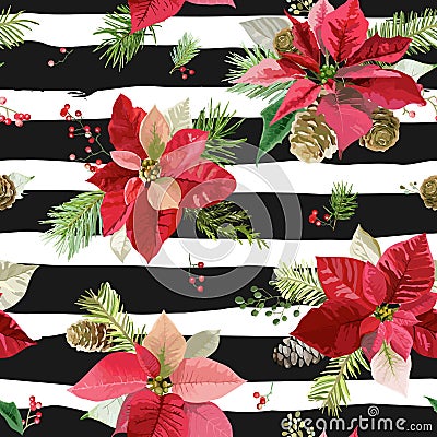 Vintage Poinsettia Flowers Background - Seamless Christmas Pattern Vector Illustration