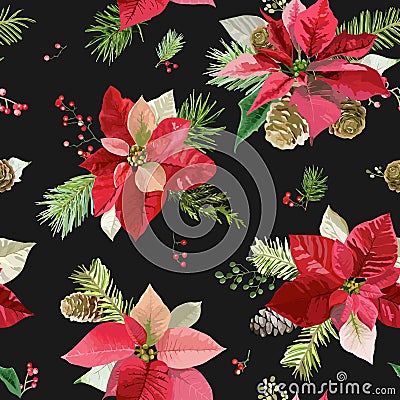 Vintage Poinsettia Flowers Background - Seamless Christmas Pattern Vector Illustration