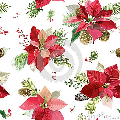 Vintage Poinsettia Flowers Background - Seamless Christmas Pattern Vector Illustration