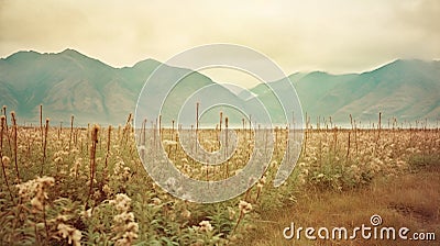 Vintage Polaroid Of Rumex Crispus Field On Beach With Mountains Stock Photo