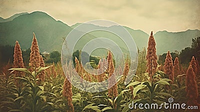 Vintage Polaroid Of Rumex Crispus Field In Front Of Mountains Stock Photo