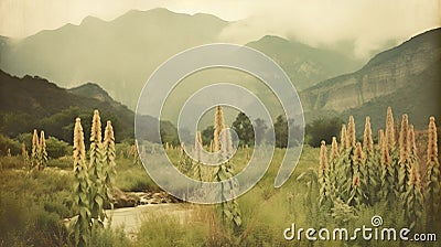 Vintage Polaroid Of Rumex Crispus Field And Mountains Waterfall Stock Photo