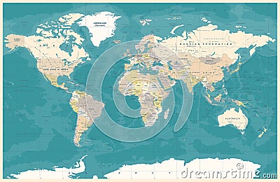 Vintage Political Topographic Colored World Map Vector Cartoon Illustration