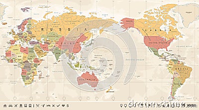 Vintage Political World Map Pacific Centered Stock Photo