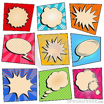 Vintage Pop Art Comic Speech Bubble Set with Halftone Background Vector Illustration